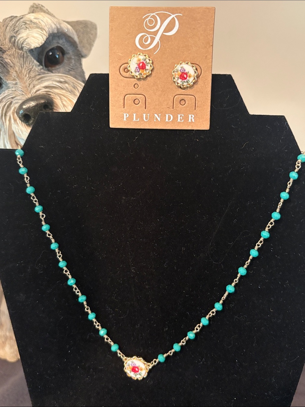 Plunder Gold-Tone Floral Necklace and Stud Earrings in agua and Red